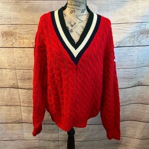 Vintage Privata Sweater Cable Knit Made in Spain V-neck Preppy Red Size Medium